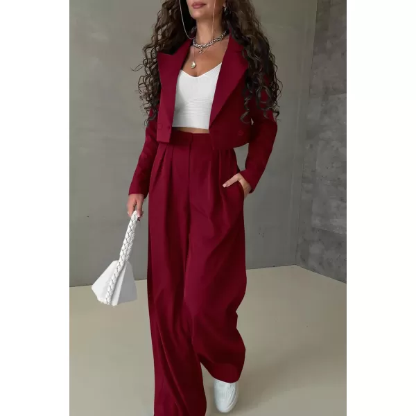 imagePRETTYGARDEN Womens 2 Piece Casual Outfits Cropped Blazer Jackets High Waisted Wide Leg Work Pants Suit SetWine Red