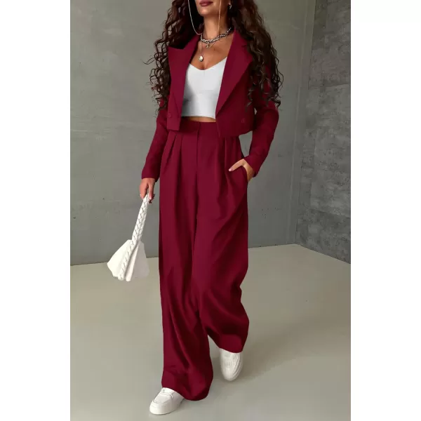 imagePRETTYGARDEN Womens 2 Piece Casual Outfits Cropped Blazer Jackets High Waisted Wide Leg Work Pants Suit SetWine Red
