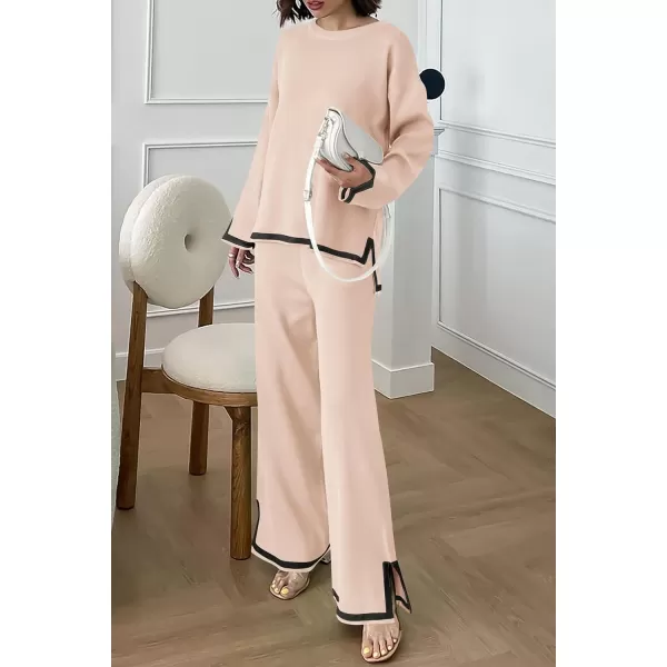 imagePRETTYGARDEN Womens 2 Piece Knit Sweater Set Casual Long Sleeve Pullover Wide Leg Pants Sweatsuit Tracksuit OutfitBeige