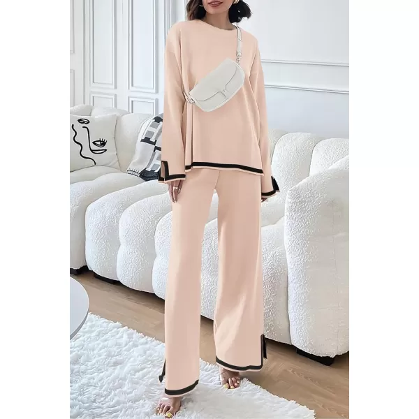 imagePRETTYGARDEN Womens 2 Piece Knit Sweater Set Casual Long Sleeve Pullover Wide Leg Pants Sweatsuit Tracksuit OutfitBeige