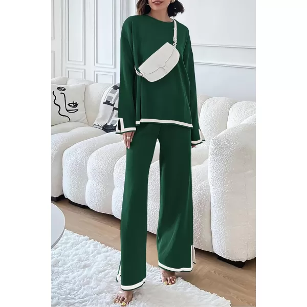 imagePRETTYGARDEN Womens 2 Piece Knit Sweater Set Casual Long Sleeve Pullover Wide Leg Pants Sweatsuit Tracksuit OutfitGreen