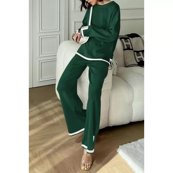 imagePRETTYGARDEN Womens 2 Piece Knit Sweater Set Casual Long Sleeve Pullover Wide Leg Pants Sweatsuit Tracksuit OutfitGreen