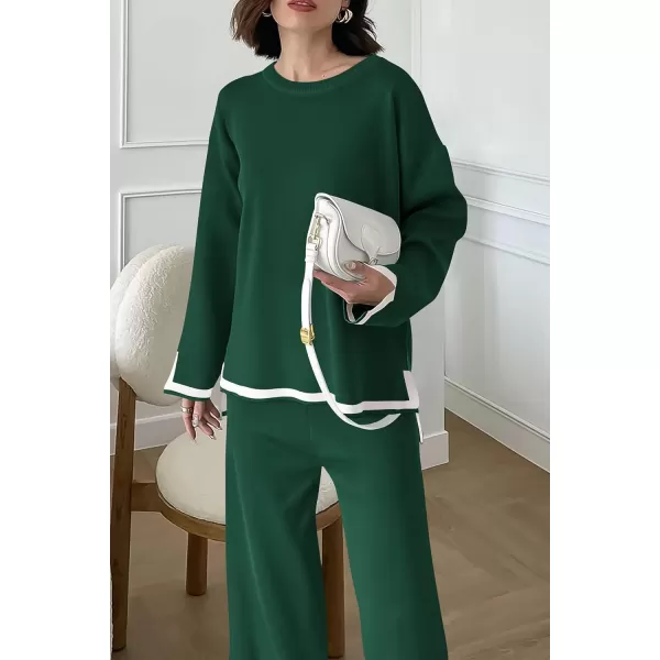 imagePRETTYGARDEN Womens 2 Piece Knit Sweater Set Casual Long Sleeve Pullover Wide Leg Pants Sweatsuit Tracksuit OutfitGreen