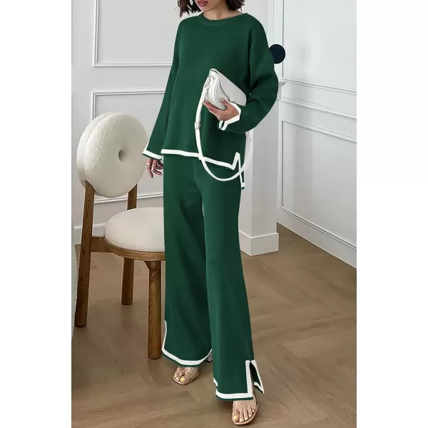 imagePRETTYGARDEN Womens 2 Piece Knit Sweater Set Casual Long Sleeve Pullover Wide Leg Pants Sweatsuit Tracksuit OutfitGreen