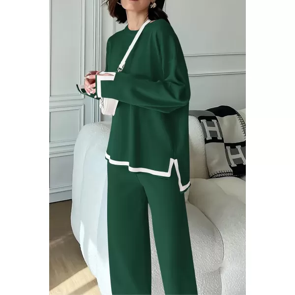 imagePRETTYGARDEN Womens 2 Piece Knit Sweater Set Casual Long Sleeve Pullover Wide Leg Pants Sweatsuit Tracksuit OutfitGreen