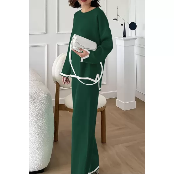 imagePRETTYGARDEN Womens 2 Piece Knit Sweater Set Casual Long Sleeve Pullover Wide Leg Pants Sweatsuit Tracksuit OutfitGreen