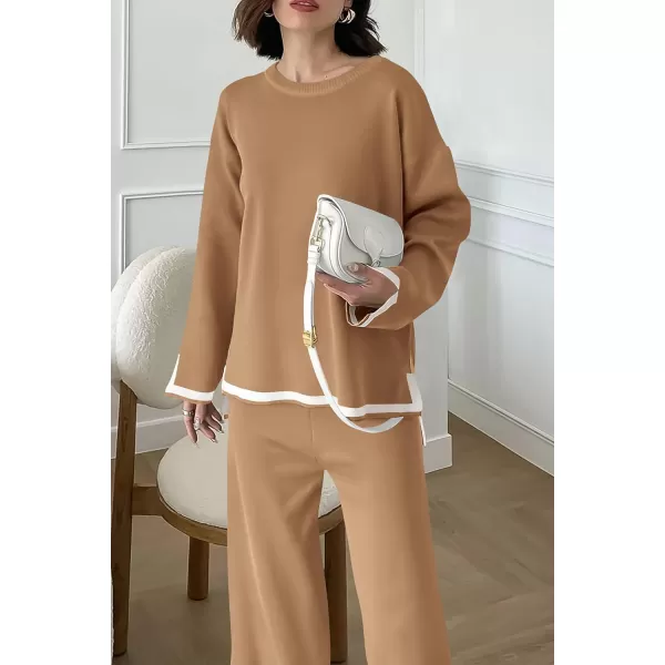 imagePRETTYGARDEN Womens 2 Piece Knit Sweater Set Casual Long Sleeve Pullover Wide Leg Pants Sweatsuit Tracksuit OutfitKhaki