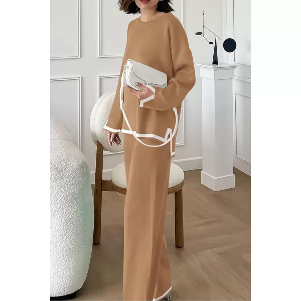 imagePRETTYGARDEN Womens 2 Piece Knit Sweater Set Casual Long Sleeve Pullover Wide Leg Pants Sweatsuit Tracksuit OutfitKhaki
