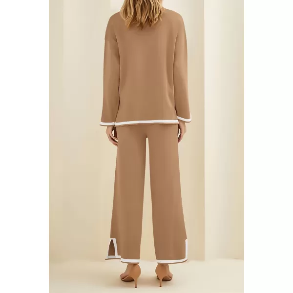 imagePRETTYGARDEN Womens 2 Piece Knit Sweater Set Casual Long Sleeve Pullover Wide Leg Pants Sweatsuit Tracksuit OutfitKhaki