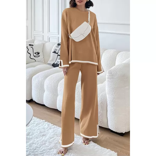 imagePRETTYGARDEN Womens 2 Piece Knit Sweater Set Casual Long Sleeve Pullover Wide Leg Pants Sweatsuit Tracksuit OutfitKhaki