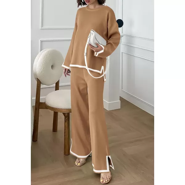 imagePRETTYGARDEN Womens 2 Piece Knit Sweater Set Casual Long Sleeve Pullover Wide Leg Pants Sweatsuit Tracksuit OutfitKhaki