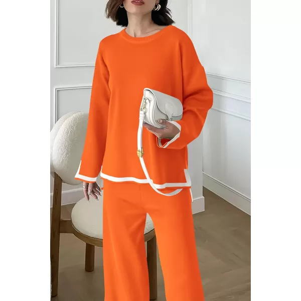 imagePRETTYGARDEN Womens 2 Piece Knit Sweater Set Casual Long Sleeve Pullover Wide Leg Pants Sweatsuit Tracksuit OutfitOrange