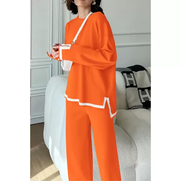 imagePRETTYGARDEN Womens 2 Piece Knit Sweater Set Casual Long Sleeve Pullover Wide Leg Pants Sweatsuit Tracksuit OutfitOrange
