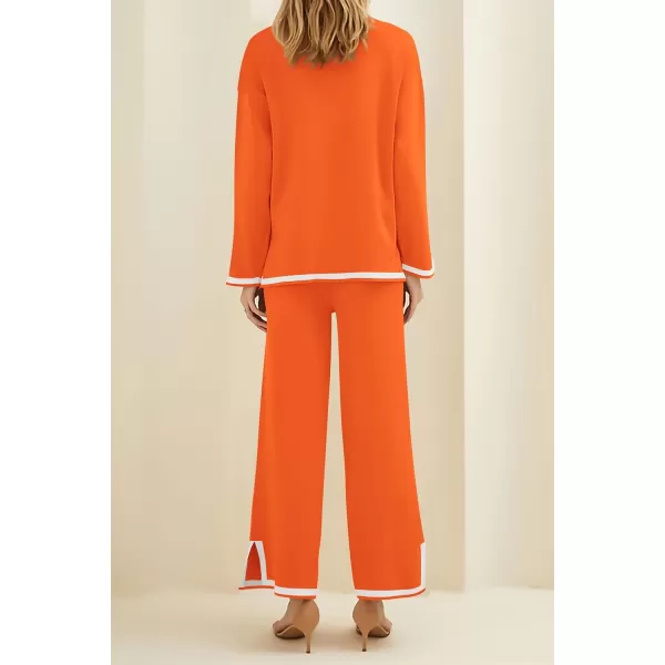 imagePRETTYGARDEN Womens 2 Piece Knit Sweater Set Casual Long Sleeve Pullover Wide Leg Pants Sweatsuit Tracksuit OutfitOrange