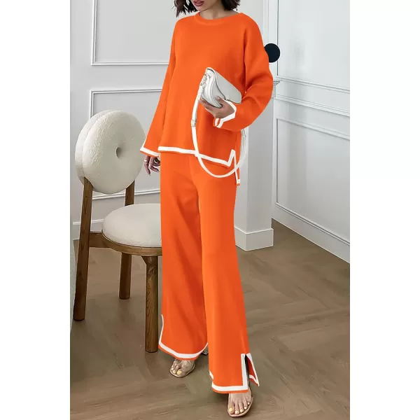 imagePRETTYGARDEN Womens 2 Piece Knit Sweater Set Casual Long Sleeve Pullover Wide Leg Pants Sweatsuit Tracksuit OutfitOrange