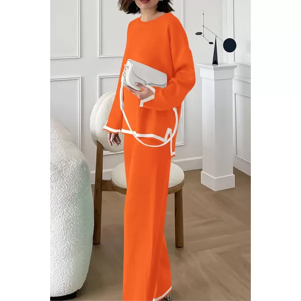 imagePRETTYGARDEN Womens 2 Piece Knit Sweater Set Casual Long Sleeve Pullover Wide Leg Pants Sweatsuit Tracksuit OutfitOrange
