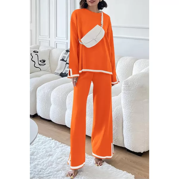 imagePRETTYGARDEN Womens 2 Piece Knit Sweater Set Casual Long Sleeve Pullover Wide Leg Pants Sweatsuit Tracksuit OutfitOrange