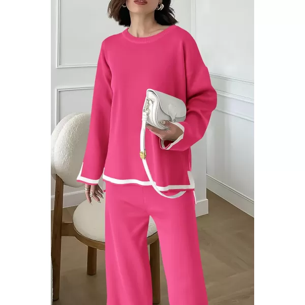 imagePRETTYGARDEN Womens 2 Piece Knit Sweater Set Casual Long Sleeve Pullover Wide Leg Pants Sweatsuit Tracksuit OutfitRose Red