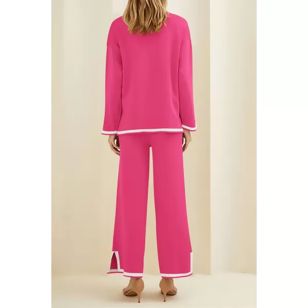 imagePRETTYGARDEN Womens 2 Piece Knit Sweater Set Casual Long Sleeve Pullover Wide Leg Pants Sweatsuit Tracksuit OutfitRose Red