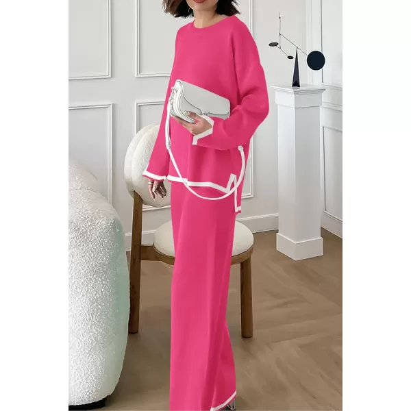 imagePRETTYGARDEN Womens 2 Piece Knit Sweater Set Casual Long Sleeve Pullover Wide Leg Pants Sweatsuit Tracksuit OutfitRose Red
