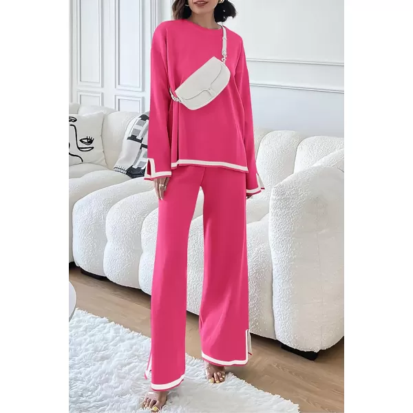 imagePRETTYGARDEN Womens 2 Piece Knit Sweater Set Casual Long Sleeve Pullover Wide Leg Pants Sweatsuit Tracksuit OutfitRose Red