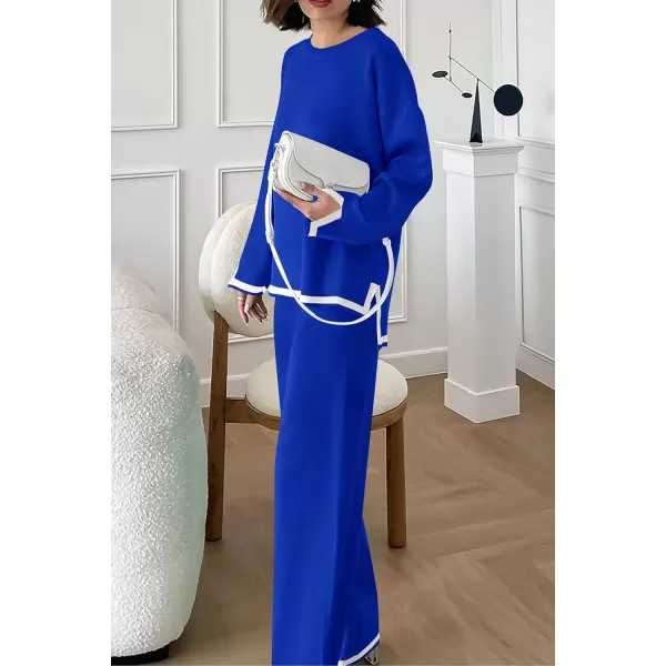 imagePRETTYGARDEN Womens 2 Piece Knit Sweater Set Casual Long Sleeve Pullover Wide Leg Pants Sweatsuit Tracksuit OutfitRoyal Blue