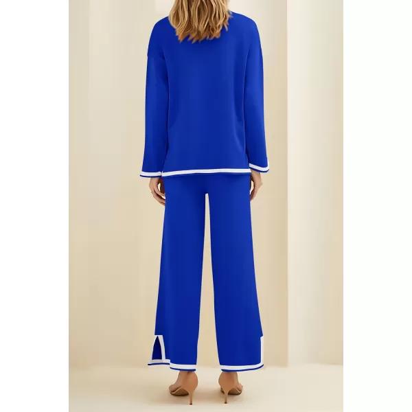 imagePRETTYGARDEN Womens 2 Piece Knit Sweater Set Casual Long Sleeve Pullover Wide Leg Pants Sweatsuit Tracksuit OutfitRoyal Blue