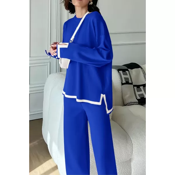 imagePRETTYGARDEN Womens 2 Piece Knit Sweater Set Casual Long Sleeve Pullover Wide Leg Pants Sweatsuit Tracksuit OutfitRoyal Blue