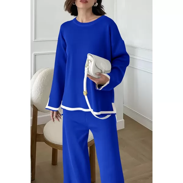 imagePRETTYGARDEN Womens 2 Piece Knit Sweater Set Casual Long Sleeve Pullover Wide Leg Pants Sweatsuit Tracksuit OutfitRoyal Blue
