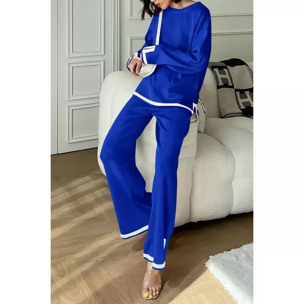 imagePRETTYGARDEN Womens 2 Piece Knit Sweater Set Casual Long Sleeve Pullover Wide Leg Pants Sweatsuit Tracksuit OutfitRoyal Blue