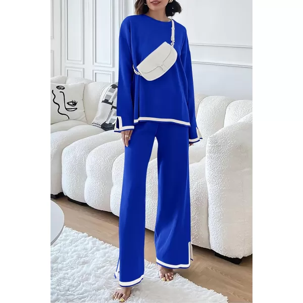 imagePRETTYGARDEN Womens 2 Piece Knit Sweater Set Casual Long Sleeve Pullover Wide Leg Pants Sweatsuit Tracksuit OutfitRoyal Blue