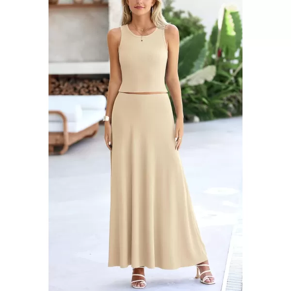 imagePRETTYGARDEN Womens 2 Piece Maxi Skirt Sets Casual Summer Knit Cropped Tank Top High Waisted Long Skirts OutfitBeige