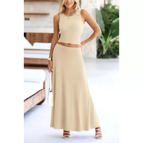 imagePRETTYGARDEN Womens 2 Piece Maxi Skirt Sets Casual Summer Knit Cropped Tank Top High Waisted Long Skirts OutfitBeige