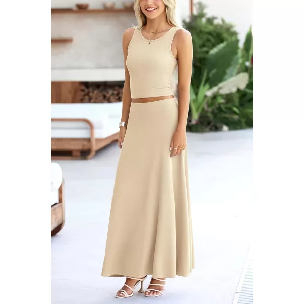 imagePRETTYGARDEN Womens 2 Piece Maxi Skirt Sets Casual Summer Knit Cropped Tank Top High Waisted Long Skirts OutfitBeige