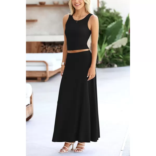imagePRETTYGARDEN Womens 2 Piece Maxi Skirt Sets Casual Summer Knit Cropped Tank Top High Waisted Long Skirts OutfitBlack