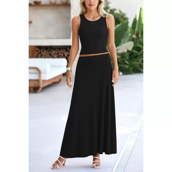 imagePRETTYGARDEN Womens 2 Piece Maxi Skirt Sets Casual Summer Knit Cropped Tank Top High Waisted Long Skirts OutfitBlack