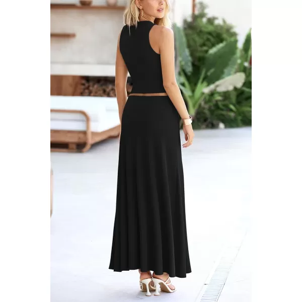 imagePRETTYGARDEN Womens 2 Piece Maxi Skirt Sets Casual Summer Knit Cropped Tank Top High Waisted Long Skirts OutfitBlack