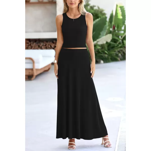 imagePRETTYGARDEN Womens 2 Piece Maxi Skirt Sets Casual Summer Knit Cropped Tank Top High Waisted Long Skirts OutfitBlack