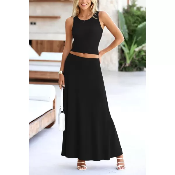 imagePRETTYGARDEN Womens 2 Piece Maxi Skirt Sets Casual Summer Knit Cropped Tank Top High Waisted Long Skirts OutfitBlack