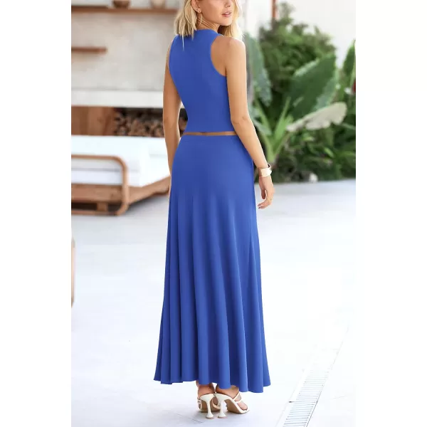 imagePRETTYGARDEN Womens 2 Piece Maxi Skirt Sets Casual Summer Knit Cropped Tank Top High Waisted Long Skirts OutfitBlue