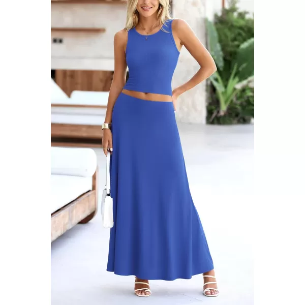 imagePRETTYGARDEN Womens 2 Piece Maxi Skirt Sets Casual Summer Knit Cropped Tank Top High Waisted Long Skirts OutfitBlue
