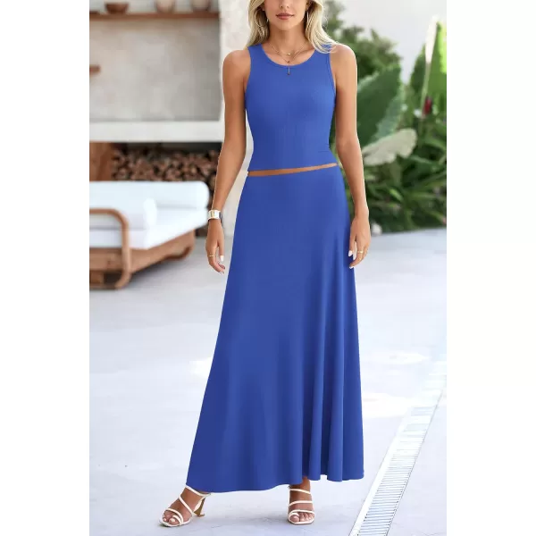 imagePRETTYGARDEN Womens 2 Piece Maxi Skirt Sets Casual Summer Knit Cropped Tank Top High Waisted Long Skirts OutfitBlue