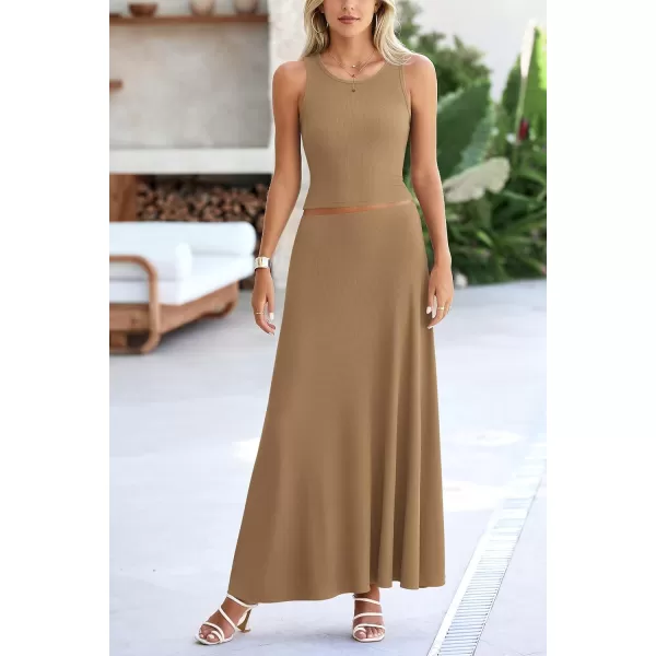 imagePRETTYGARDEN Womens 2 Piece Maxi Skirt Sets Casual Summer Knit Cropped Tank Top High Waisted Long Skirts OutfitCamel
