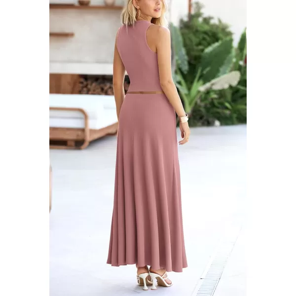 imagePRETTYGARDEN Womens 2 Piece Maxi Skirt Sets Casual Summer Knit Cropped Tank Top High Waisted Long Skirts OutfitDusty Pink