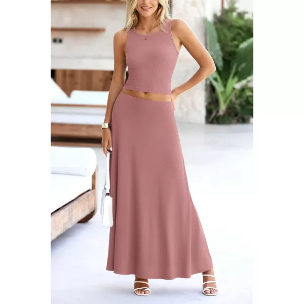 imagePRETTYGARDEN Womens 2 Piece Maxi Skirt Sets Casual Summer Knit Cropped Tank Top High Waisted Long Skirts OutfitDusty Pink