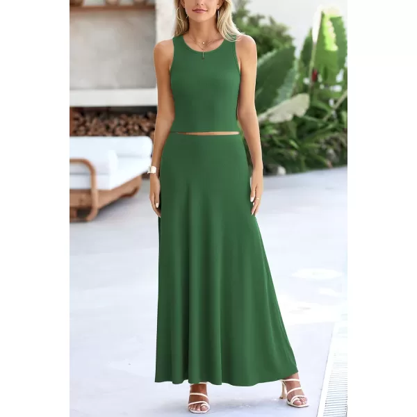 imagePRETTYGARDEN Womens 2 Piece Maxi Skirt Sets Casual Summer Knit Cropped Tank Top High Waisted Long Skirts OutfitGreen