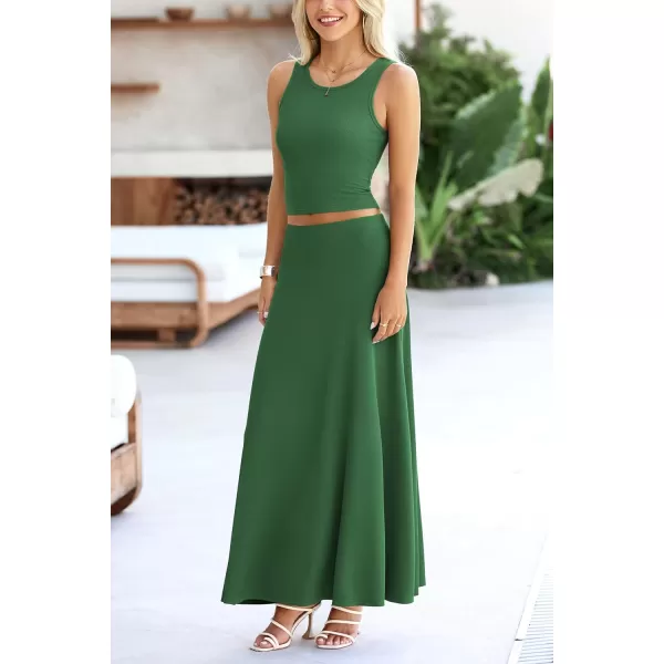 imagePRETTYGARDEN Womens 2 Piece Maxi Skirt Sets Casual Summer Knit Cropped Tank Top High Waisted Long Skirts OutfitGreen
