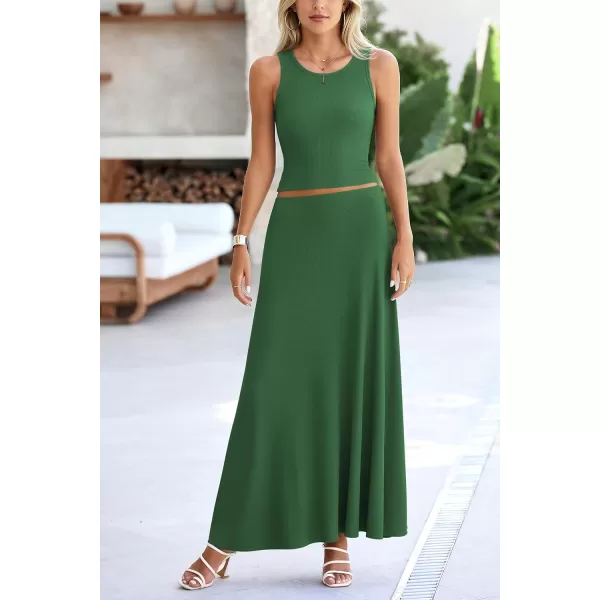 imagePRETTYGARDEN Womens 2 Piece Maxi Skirt Sets Casual Summer Knit Cropped Tank Top High Waisted Long Skirts OutfitGreen