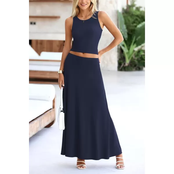 imagePRETTYGARDEN Womens 2 Piece Maxi Skirt Sets Casual Summer Knit Cropped Tank Top High Waisted Long Skirts OutfitNavy