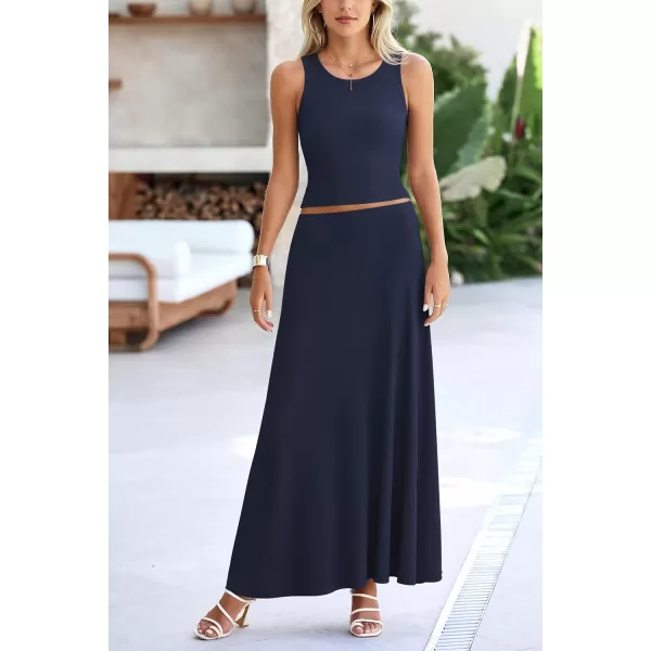 imagePRETTYGARDEN Womens 2 Piece Maxi Skirt Sets Casual Summer Knit Cropped Tank Top High Waisted Long Skirts OutfitNavy